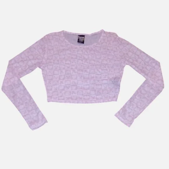 PLAYBOY Pastel Pink Logo Checkered Long Sleeve Crop Top - Picture 4 of 7